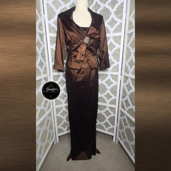 Cameron Blake by Mon Cheri Brown 2-Piece Taffeta Sleeveless Dress and Jacket 8 - Picture 1 of 14